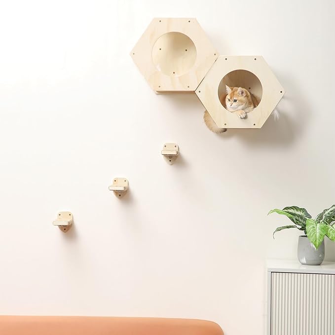 3 Pcs Cat Wall Steps, Cat Shelves and Perches for Wall, Wall-Mounted Cat Climbing Shelf with Hemp Rope Covered, Cat Wall Furniture Steps Set with Scratching Pads for Cats Playing and Climbing (Wood)-PurrikoPets