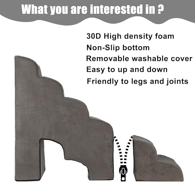 Dog Stairs for High Beds 25-30 inches Tall, 6-Step Dog Steps for High Bed for Doggies/Kitties, 30D Foam Pet Stairs Steps for Small Dogs, Dog Ramp/Ladder for Old Dogs/Cats, Grey-PurrikoPets