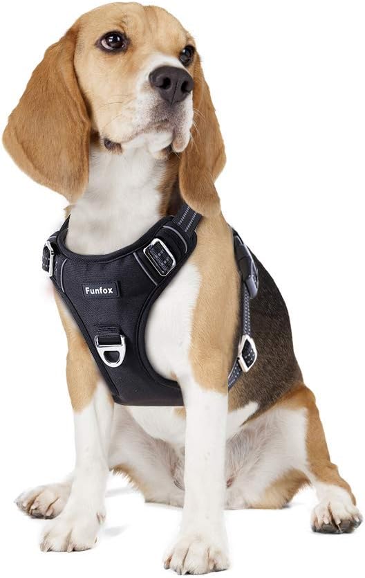 Funfox Dog Harness No Pull, Adjustable Pet Vest Harness, Super Soft Material with Vertical Handle Easy Control, Reflective Night Walking, 2 Leash Clips for Medium Sized Dogs, Black, M-PurrikoPets