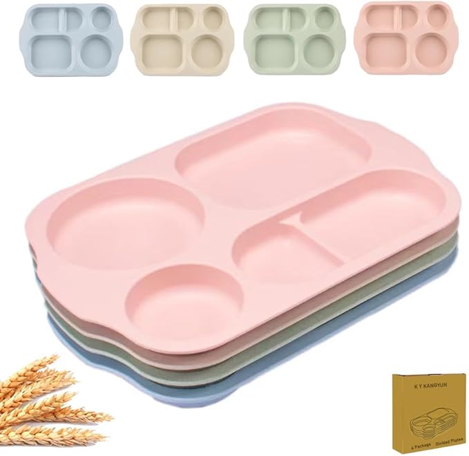 12 Inch Divided Plates4 PCS - Reusable Unbreakable Wheat Straw Plates, Dinnerware Lunch Tray Plates Tableware for Kitchen, Picky Eaters, Campers and Portion Control (Blush)-PurrikoPets