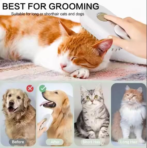 3-in-1 Steam Pet Brush for Cats & Dogs – Self-Cleaning Grooming Comb with Spray Mist, Massage & Shedding, Rechargeable USB, Anti-Static, Foldable Handle (TAN)-PurrikoPets