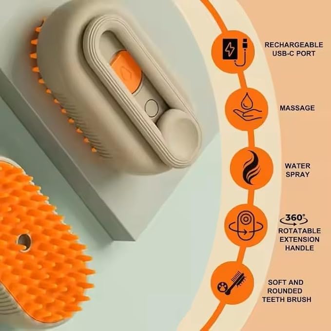 3-in-1 Steam Pet Brush for Cats & Dogs – Self-Cleaning Grooming Comb with Spray Mist, Massage & Shedding, Rechargeable USB, Anti-Static, Foldable Handle (TAN)-PurrikoPets