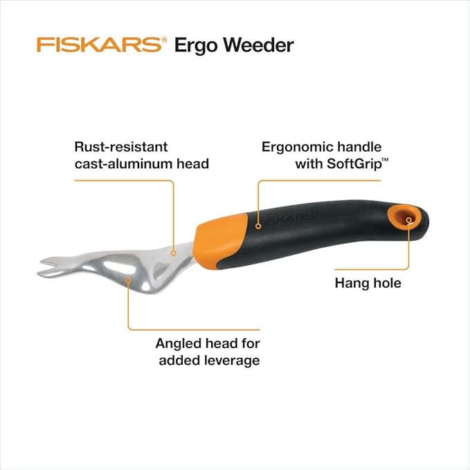 Fiskars Ergo Weeder Tool for Weeding, Heavy Duty Gardening Hand Tool with Ergonomic Handle and Hanging Hole for Storage, Remove Weeds and Roots like Dandelions and Thistles-PurrikoPets