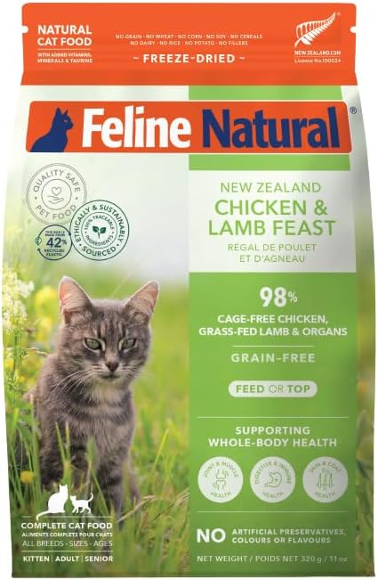 Feline Natural High Protein Dry Cat Food, Freeze-Dried Diet with 98% Meat, Organs & Seafood, No Peas, Grains, or Artificial Additives, Made in New Zealand, Chicken & Lamb, 11oz-PurrikoPets