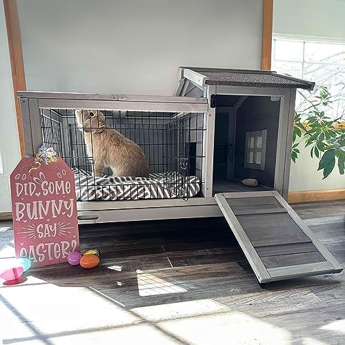 Aivituvin Wooden Rabbit Hutch with Removable Wire Floor Grid, Bunny Cage with Deeper Leakproof Tray 4 Wheels Include-PurrikoPets