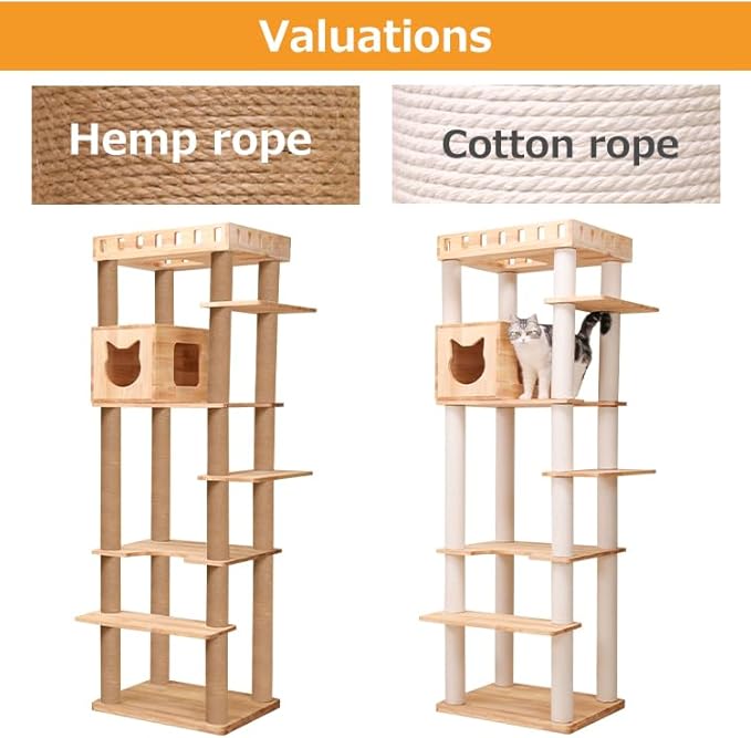 74" Wooden Cat Tree Tower for Large Cats, Multi-Level Cat Climbing Furniture with Scratching Posts, Cat Condo & Hammock, Natural Wood Cat Activity Center(Brown)-PurrikoPets