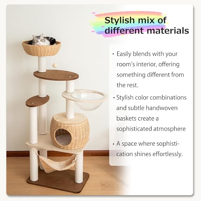 56.6in Large Wooden cat Tower for Large Multiple Cats,cat Tree with Observation Deck, Suitable for Summer and Winter 144CM (Particleboard)-PurrikoPets