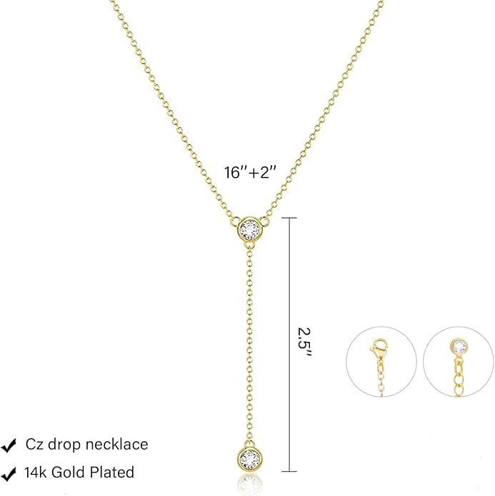 Lariat Silver/Gold Necklace for Women 925 Silver/14K Gold Plated Dainty Long Necklace Y-Shaped Drop Pendant Necklaces Choker Trendy Chain Simple Layered Necklaces CZ Jewelry for Women Set Gift