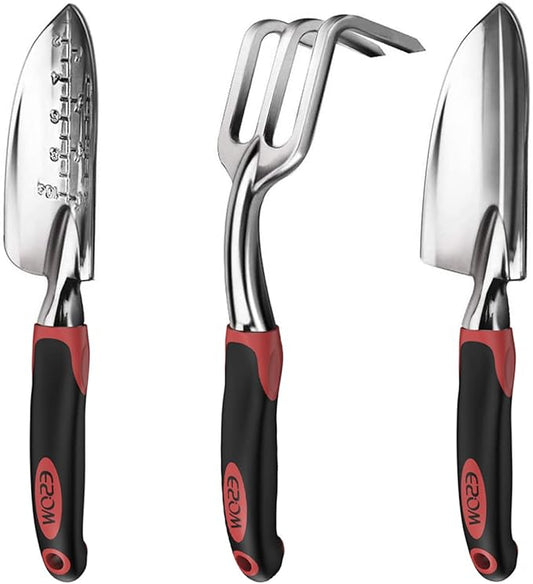 ESOW Garden Tool Set with Non-Slip Rubber Handle, 3 Piece Cast-Aluminum Heavy Duty Gardening Kit Includes Hand Trowel, Transplant Trowel and Cultivator Hand Rake, Red-PurrikoPets