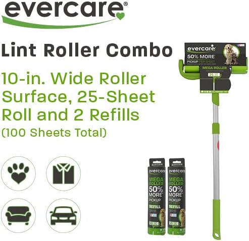 Evercare Pet Mega Lint Roller Value Pack with Two 50-Sheet Refills - Includes Refillable Lint Roller, Adhesive Sheets, Versatile Cleaning Uses, Home and On-The-Go Use, Extendable Handle-PurrikoPets