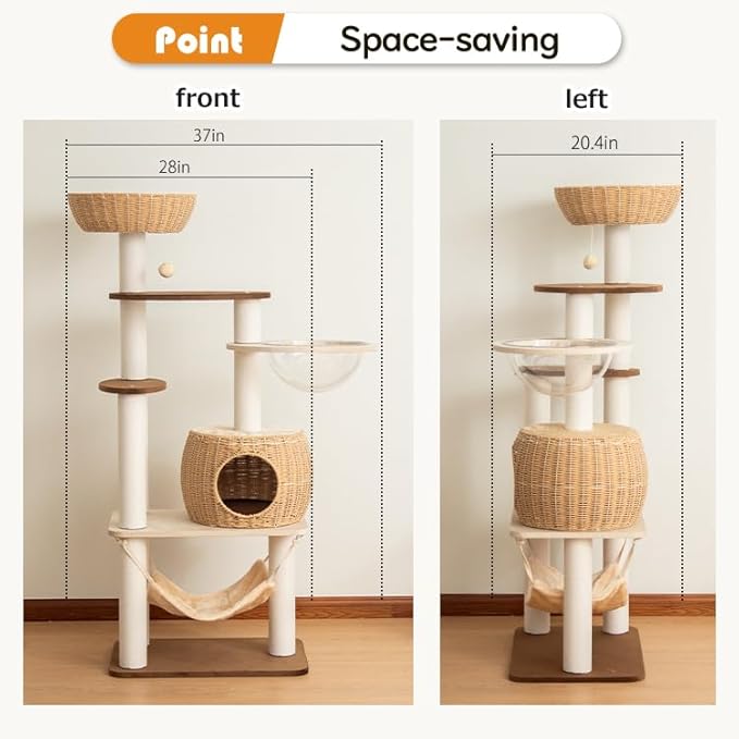 56.6in Large Wooden cat Tower for Large Multiple Cats,cat Tree with Observation Deck, Suitable for Summer and Winter 144CM (Particleboard)-PurrikoPets