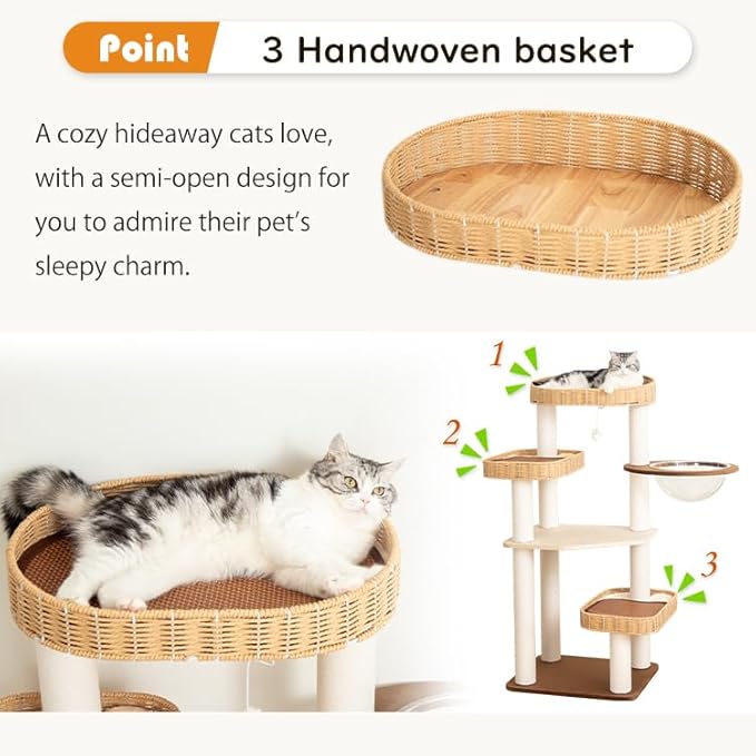 48'' Cat Tree for Large Cats, Modern Cat Tree Multi-Level Condo with Natural Wood, Cat Activity Centre for Medium and Big Pets (White LS02)-PurrikoPets