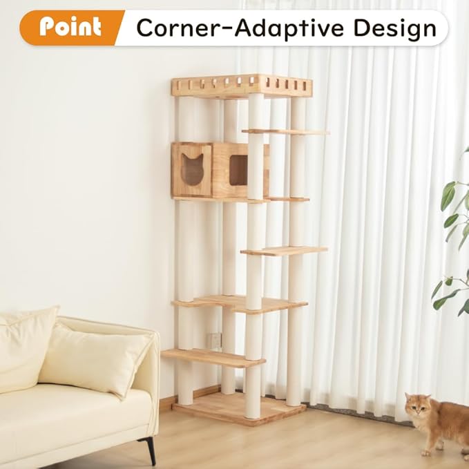 74" Wooden Cat Tree Tower for Large Cats, Multi-Level Cat Climbing Furniture with Scratching Posts, Cat Condo & Hammock, Natural Wood Cat Activity Center (White)-PurrikoPets