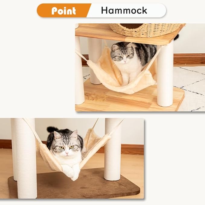 57'' Cat Tower for Large Cats, Manual Hand Woven Modern Multi-Level Condo with Natural Wood, Cat Activity Centre for Medium and Big Pets-PurrikoPets