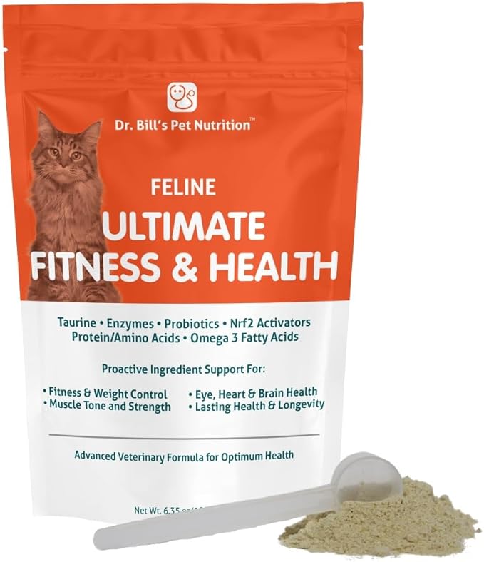 Dr. Bill’s Feline Ultimate Fitness & Health | Cat Multivitamin Powder - Daily Supplement | Weight Control, Joint, Brain, Heart & Immune Support | Omega 3s, Collagen, B Vitamins, Taurine, Amino Acids-PurrikoPets