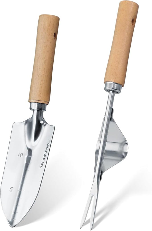 Garden Tool Set, 2 Pieces Stainless Steel Heavy Duty Garden Tools, Garden Kit with Ergonomic Wooden Handle, Durable Garden Tools for Gardening, Gardening Gifts for Women-PurrikoPets