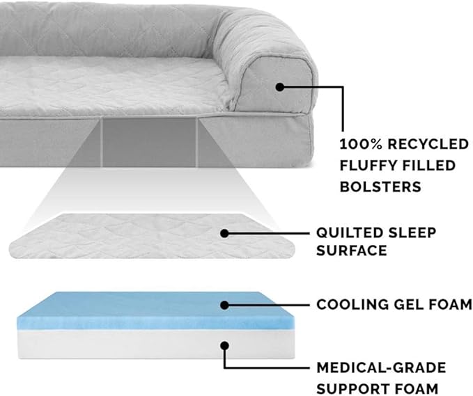Furhaven Cooling Gel Dog Bed for Large Dogs w/ Removable Bolsters & Washable Cover, For Dogs Up to 95 lbs - Two-Tone Plush Faux Fur & Suede L Shaped Chaise - Stone Gray, Jumbo/XL-PurrikoPets