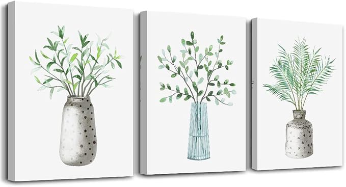AHUASJART Canvas Wall Art - Paintings for Kitchen, Dining Room, Family Wall Decor - Green Leaf Vase, 3 Piece-PurrikoPets