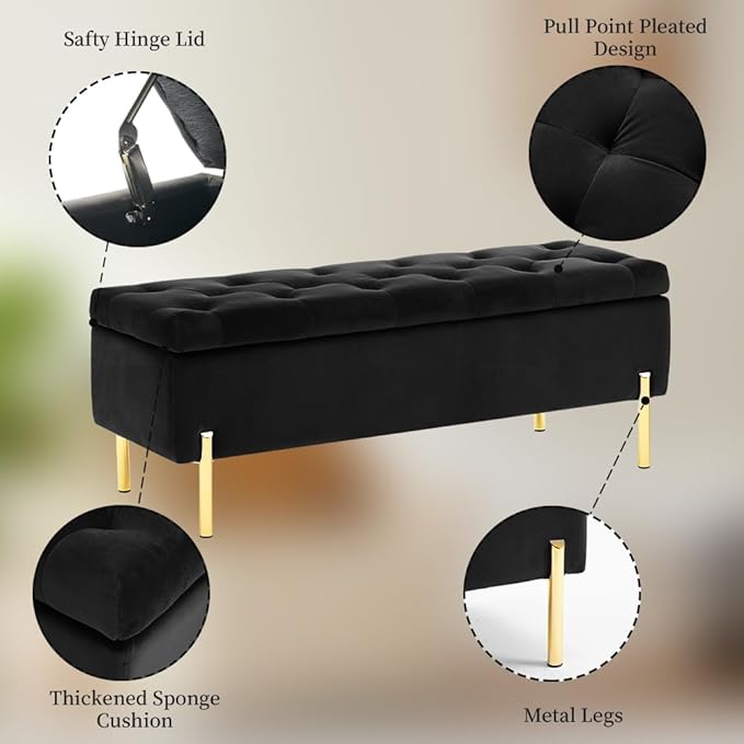 45.6 Inch Velvet Storage Ottoman, Rectangular Accent Bench for Bedroom & Living Room, Black-PurrikoPets