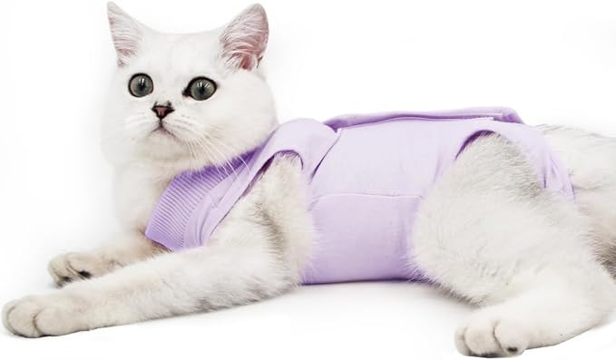 DOTON Cat Recovery Suit for Male and Female Surgical Post Surgery Soft Cone Onesie Shirt Clothes Neuter Licking Protective Diapers Outfit Cover Kitten Spay Collar(L, Purple)-PurrikoPets