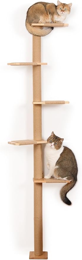5 Tier Floor to Ceiling Cat Tree Tower with Wall-Mounted Scratching Post, Playful Wall Climbing Shelves for Cats, Ideal for Kittens to Climb, Scratch, and Lookout, Wild Simulation Design-PurrikoPets