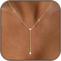 Lariat Silver/Gold Necklace for Women 925 Silver/14K Gold Plated Dainty Long Necklace Y-Shaped Drop Pendant Necklaces Choker Trendy Chain Simple Layered Necklaces CZ Jewelry for Women Set Gift