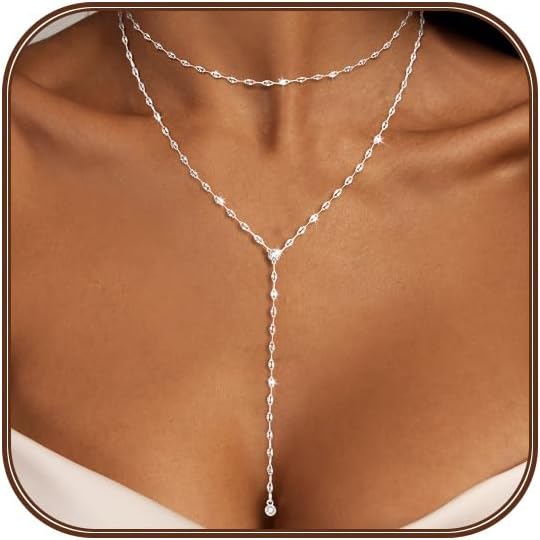 Lariat Silver/Gold Necklace for Women 925 Silver/14K Gold Plated Dainty Long Necklace Y-Shaped Drop Pendant Necklaces Choker Trendy Chain Simple Layered Necklaces CZ Jewelry for Women Set Gift