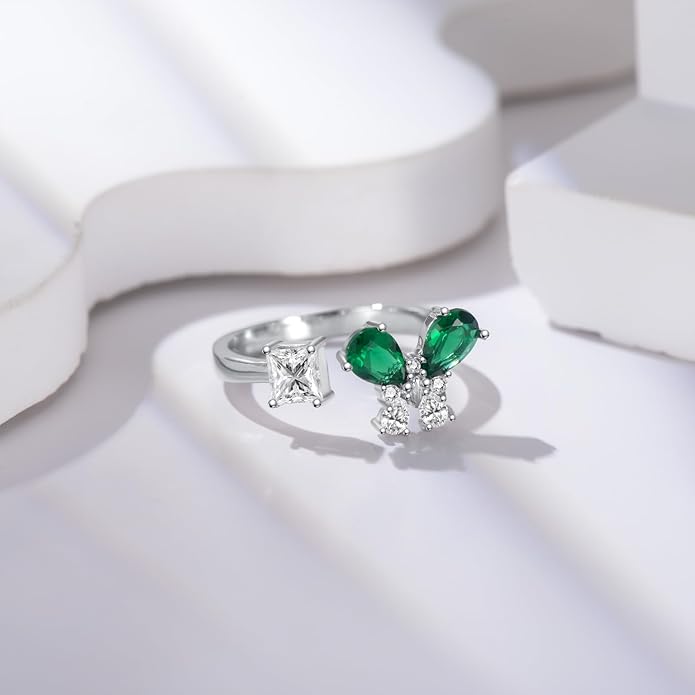 925 Sterling Silver Drangonfly/Butterfly Open Finger Rings Adjustable Dainty Gemstone Sapphire Emerald Green Ring for Women Round/Pear/Princess Engagement Promise Ring