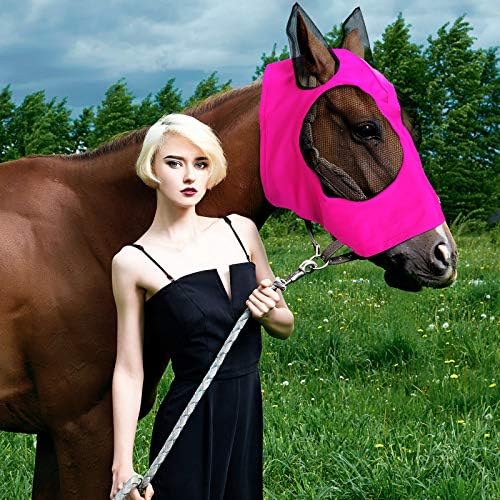 Frienda 4 Pcs Horse Fly Masks with Ears Head Fly Masks for Horses Smooth Elastic UV Protection Cover from Summer Insect Pests(Large,Purple, Blue, Pink, Black)-PurrikoPets