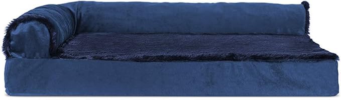 Furhaven Cooling Gel Dog Bed for Medium/Small Dogs w/ Removable Bolsters & Washable Cover, For Dogs Up to 35 lbs - Plush & Velvet L Shaped Chaise - Deep Sapphire, Medium-PurrikoPets