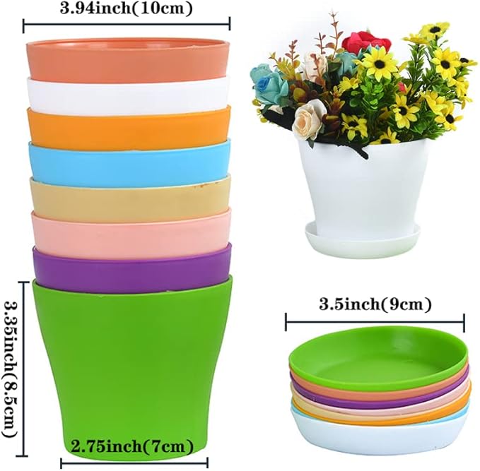 10 Pack 4 Inch Plant Pots Bulk Small Plastic Planters Pots with Drainage Holes Flower Pot for Succulent, Cactus, Herb, African Violet (10pcs-Multicolor, 4Inches)-PurrikoPets