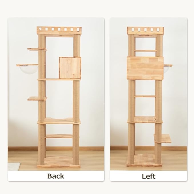 74.8" Wooden Cat Tree Tower for Large Cats, Multi-Level Cat Climbing Furniture with Scratching Posts, Cat Condo & Hammock, Natural Wood Cat Activity Center (Brown)-PurrikoPets