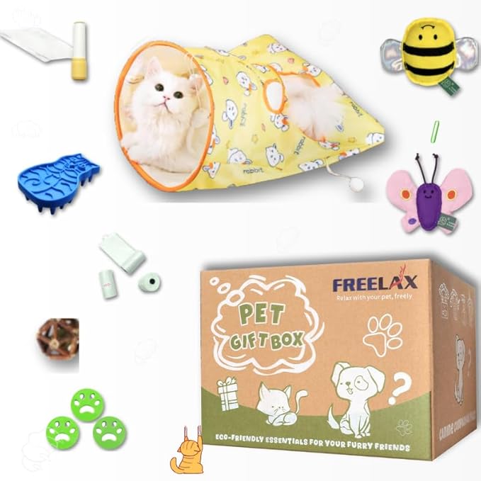 Eco-Friendly Cat Gift Box – 7-Piece Set with Organic Catnip Toys, Feather Wand, Blanket & Pop-Up Cat Cave for Indoor Cats and Kittens-PurrikoPets