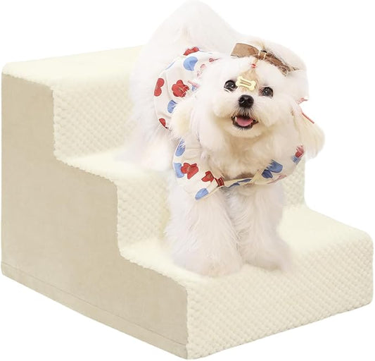 Dog Stairs for Small Dogs,13" H,3-Step Dog Steps for High Bed,Couch,Pet Stairs for Dogs and Cats Climbing with Non-Slip Bottom and Washable Cover,Beige-PurrikoPets