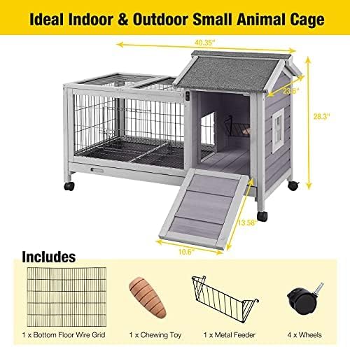 Aivituvin Wooden Rabbit Hutch with Removable Wire Floor Grid, Bunny Cage with Deeper Leakproof Tray 4 Wheels Include-PurrikoPets