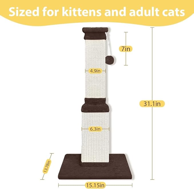 AGYM Cat Scratching Post, 32 Inch Cat Scratch Post for Cats and Kittens, Protect Your Furniture and Exercise Cats, Nature Sisal Modern Cat Scratcher for Indoor Cats, Brown-PurrikoPets