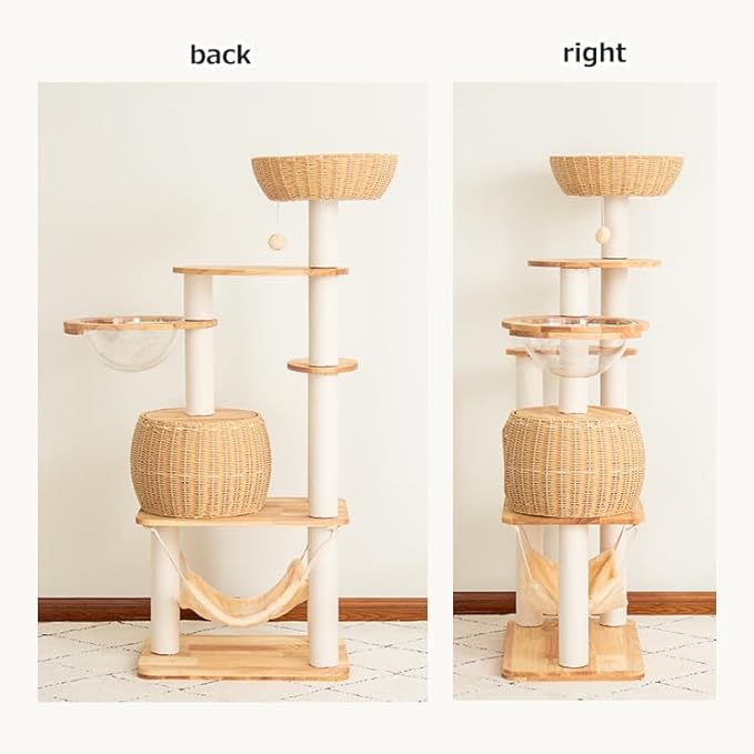 57'' Cat Tower for Large Cats, Manual Hand Woven Modern Multi-Level Condo with Natural Wood, Cat Activity Centre for Medium and Big Pets-PurrikoPets