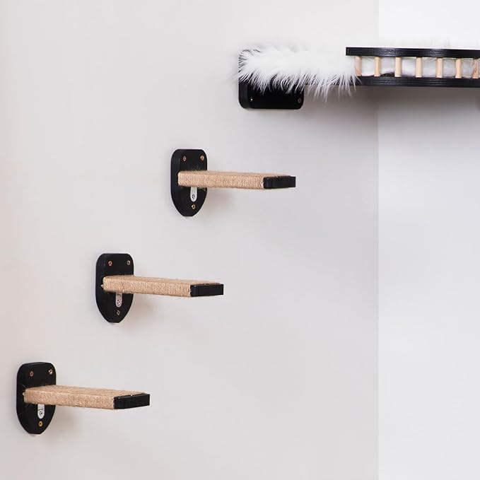 3-in-1 Cat Wall Steps - Climbing Wall Furniture & Shelves with Hemp Rope, Solid Wood Cat Ladder (Standard-Black)-PurrikoPets