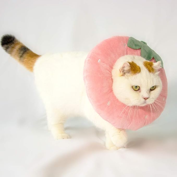 Adjustable Cat Recovery Collar Soft,Cute Pet E-Collar Neck Cone After Surgery Wound Healing Protective Cone Fit for Kitties, Small Dogs(ELC05-strawberry-l)-PurrikoPets