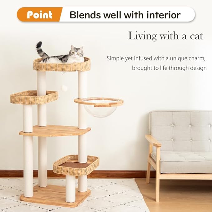 48'' Cat Tree for Large Cats, Modern Cat Tree Multi-Level Condo with Natural Wood, Cat Activity Centre for Medium and Big Pets (White LS02)-PurrikoPets