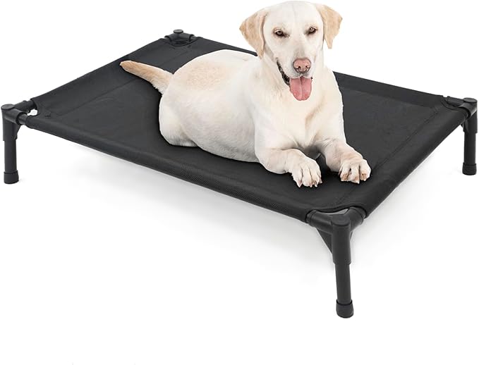 Elevated Dog Bed for Large Dogs, Raised Dog Cot Fits Up to 120 LBs, Heavy Duty Pet Cots with Durable Supportive Teslin Recyclable Washable Mesh, Indoor & Outdoor Pet Bed, Black-PurrikoPets