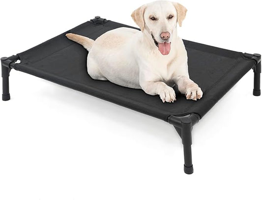 Elevated Dog Bed for Large Dogs, Raised Dog Cot Fits Up to 120 LBs, Heavy Duty Pet Cots with Durable Supportive Teslin Recyclable Washable Mesh, Indoor & Outdoor Pet Bed, Black-PurrikoPets