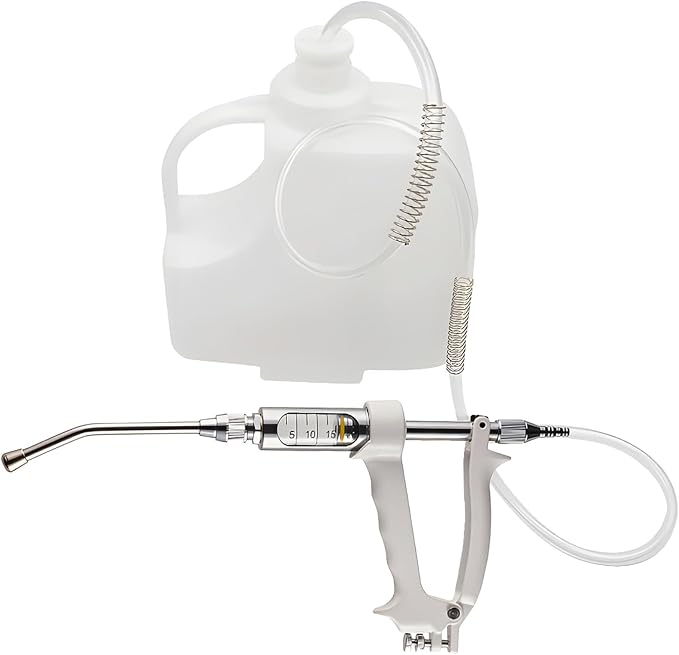 20ML Veterinary Metal Feeding Gun, Continuous Drench Gun Dosing Device Veterinary Adjustable Medicine Dispenser Husbandry Autonomous Feeding Tool, for Pig Cow, Sheep, Horse (White Color, 20ML+Kettle)-PurrikoPets