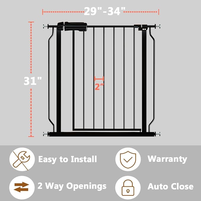 Fairy Baby Walk Through Black Baby Gate 29-34 Inch Wide, Pressure Mounted Safety Gate with Door No Drill, Tension Metal Gate for Dog and Toddler-PurrikoPets