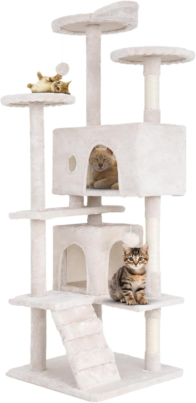 54.7 inches Cat Tower for Indoor Cats, Multi-Level Cat Condos with Scratching Posts, Hanging Toys, Beige-PurrikoPets