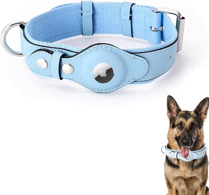 AirTag Dog Collar Soft Leather Webbing Dog Collar for AirTag Provides Double Protection for Small Medium and Large Dogs(Blue,S)-PurrikoPets