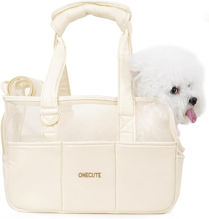 Dog Purse Carrier for Small Dogs Rabbit cat with Large Pockets, Cotton Bag, Dog Carrier Soft Sided, Collapsible Travel Puppy Carrier (Beige Breathable, 13.6" L x 6.5" W x 10.0" H)-PurrikoPets