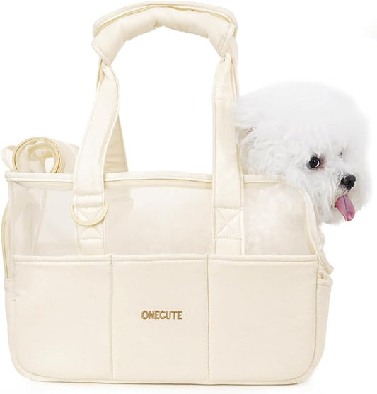 Dog Purse Carrier for Small Dogs Rabbit cat with Large Pockets, Cotton Bag, Dog Carrier Soft Sided, Collapsible Travel Puppy Carrier (Beige Breathable, 13.6" L x 6.5" W x 10.0" H)-PurrikoPets