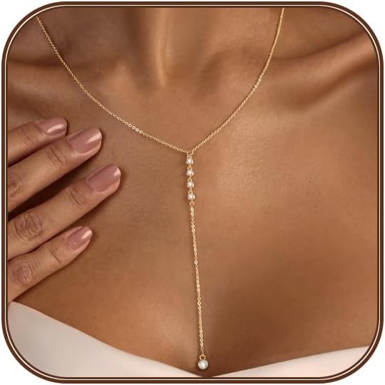 Lariat Silver/Gold Necklace for Women 925 Silver/14K Gold Plated Dainty Long Necklace Y-Shaped Drop Pendant Necklaces Choker Trendy Chain Simple Layered Necklaces CZ Jewelry for Women Set Gift