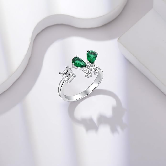 925 Sterling Silver Drangonfly/Butterfly Open Finger Rings Adjustable Dainty Gemstone Sapphire Emerald Green Ring for Women Round/Pear/Princess Engagement Promise Ring